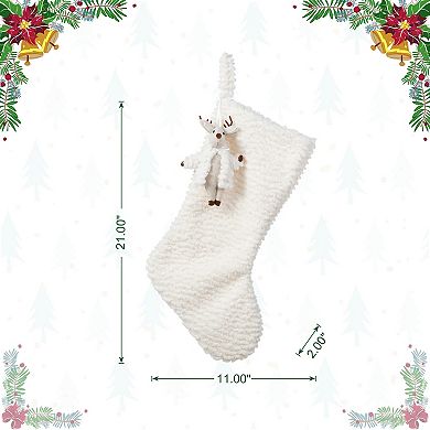 Glitzhome 21"L White Plush Christmas Stocking, Hanging Wall Decor with Reindeer Ornament