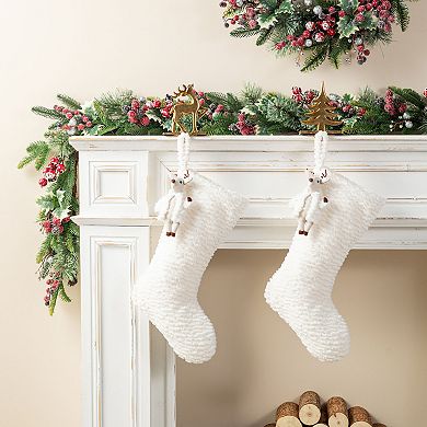 Glitzhome 21"L White Plush Christmas Stocking, Hanging Wall Decor with Reindeer Ornament