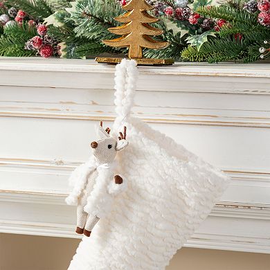 Glitzhome 21"L White Plush Christmas Stocking, Hanging Wall Decor with Reindeer Ornament