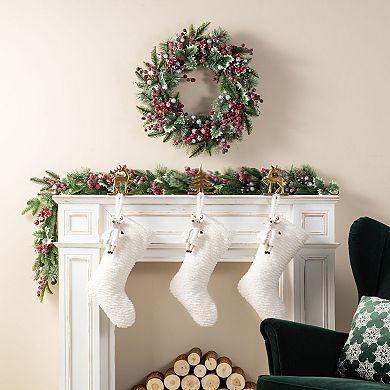 Glitzhome 21"L White Plush Christmas Stocking, Hanging Wall Decor with Reindeer Ornament