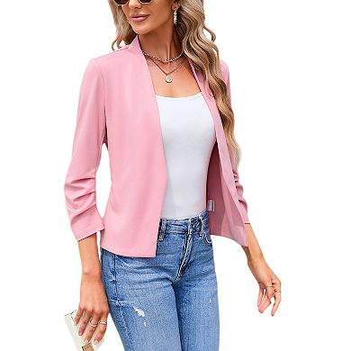 Women's 3/4 Sleeve Blazer Casual Open Front Shrugs Ruched Sleeve Office Cropped Blazer Jacket