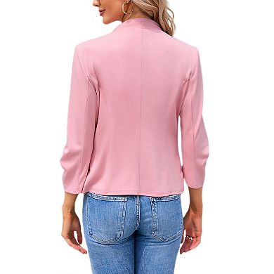 Women's 3/4 Sleeve Blazer Casual Open Front Shrugs Ruched Sleeve Office Cropped Blazer Jacket