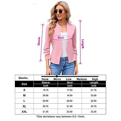 Women's 3/4 Sleeve Blazer Casual Open Front Shrugs Ruched Sleeve Office Cropped Blazer Jacket