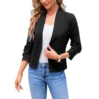 Women's 3/4 Sleeve Blazer Casual Open Front Shrugs Ruched Sleeve Office Cropped Blazer Jacket