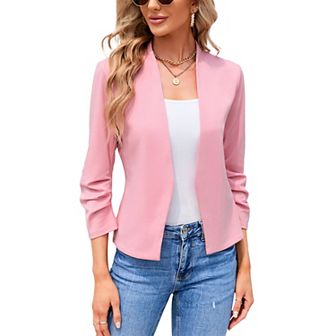 Women's 3/4 Sleeve Blazer Casual Open Front Shrugs Ruched Sleeve Office Cropped Blazer Jacket
