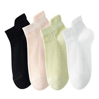4 Pairs Women Low-Cut Lace Knit Ankle Socks Soft Stretch Cotton Mesh Design Breathable Lightweight