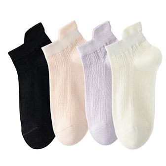 4 Pairs Women Low-Cut Lace Knit Ankle Socks Soft Stretch Cotton Mesh Design Breathable Lightweight