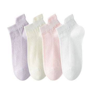 4 Pairs Women Low-Cut Lace Knit Ankle Socks Soft Stretch Cotton Mesh Design Breathable Lightweight