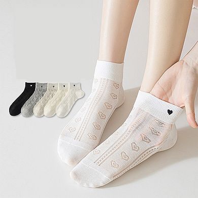 4 Pairs Women's Heart Pattern Breathable Short Crew Socks Soft Stretch Knit Design