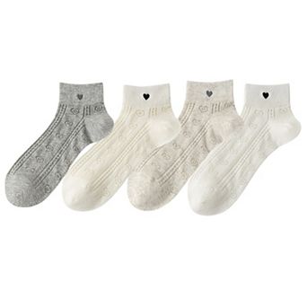 4 Pairs Women's Heart Pattern Breathable Short Crew Socks Soft Stretch Knit Design