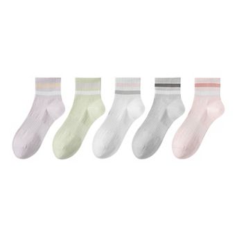5 Pairs Women Cotton Ankle Socks with Pastel Striped Cuffs Soft Breathable Knit Fabric