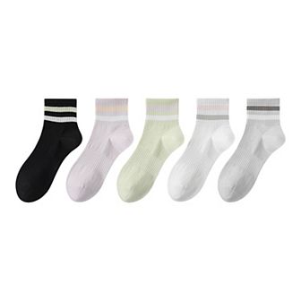 5 Pairs Women Cotton Ankle Socks with Pastel Striped Cuffs Soft Breathable Knit Fabric