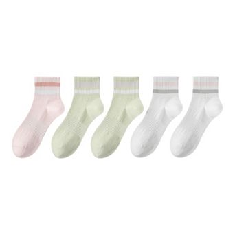 5 Pairs Women Cotton Ankle Socks with Pastel Striped Cuffs Soft Breathable Knit Fabric