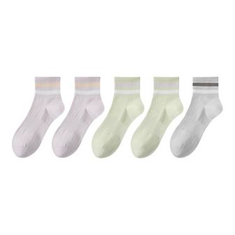 5 Pairs Women Cotton Ankle Socks with Pastel Striped Cuffs Soft Breathable Knit Fabric