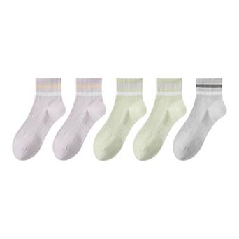5 Pairs Women Cotton Ankle Socks with Pastel Striped Cuffs Soft Breathable Knit Fabric