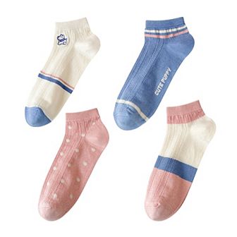 4 Pairs Women's Low-Cut Mesh Knit Cotton Socks Cute Pattern Breathable Stretch