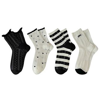 4 Pairs Women's Crew Socks with Black and White Patterns Soft Cotton Texture Heart and Stripe