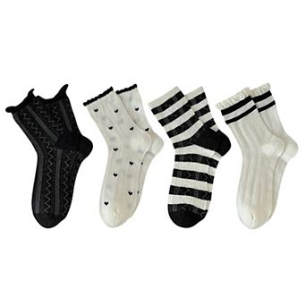 4 Pairs Women's Crew Socks with Black and White Patterns Soft Cotton Texture Heart and Stripe