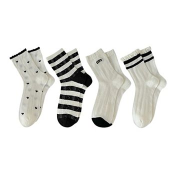 4 Pairs Women's Crew Socks with Black and White Patterns Soft Cotton Texture Heart and Stripe