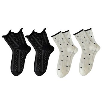 4 Pairs Women's Crew Socks with Black and White Patterns Soft Cotton Texture Heart and Stripe