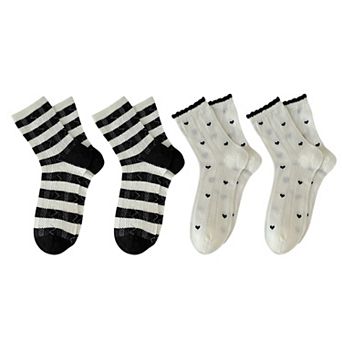 4 Pairs Women's Crew Socks with Black and White Patterns Soft Cotton Texture Heart and Stripe