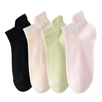 4 Pairs Women Low-Cut Lace Knit Ankle Socks Soft Stretch Cotton Mesh Design Breathable Lightweight