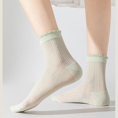 3 Pairs Women's Ruffle Trim Crew Socks Soft Cotton Knit Lightweight for Everyday Wear