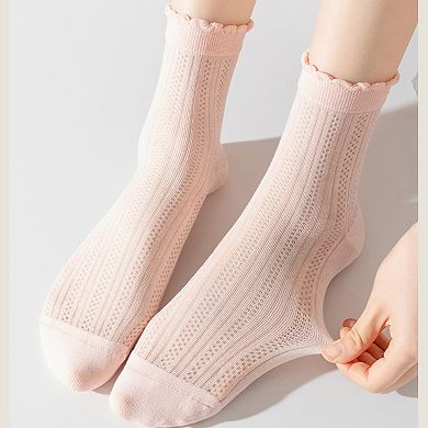 3 Pairs Women's Ruffle Trim Crew Socks Soft Cotton Knit Lightweight for Everyday Wear