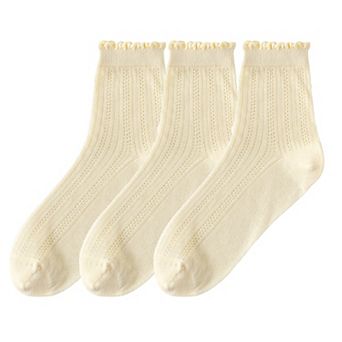 3 Pairs Women's Ruffle Trim Crew Socks Soft Cotton Knit Lightweight for Everyday Wear