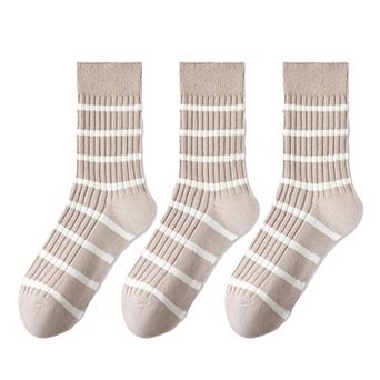 3 Pairs Women's Striped Crew Socks with Ribbed Knit Design and Anti-Pilling Cotton Blend