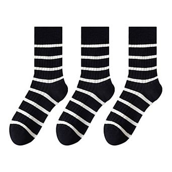 3 Pairs Women's Striped Crew Socks with Ribbed Knit Design and Anti-Pilling Cotton Blend
