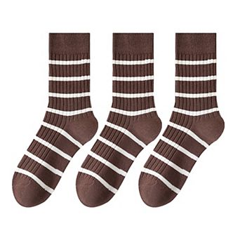 3 Pairs Women's Striped Crew Socks with Ribbed Knit Design and Anti-Pilling Cotton Blend