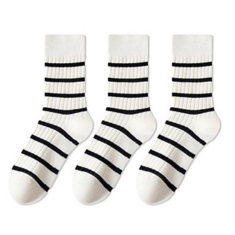 3 Pairs Women's Striped Crew Socks with Ribbed Knit Design and Anti-Pilling Cotton Blend