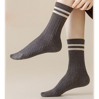 3 Pairs Women's Cable Knit Crew Socks with Ribbed Cuffs and Soft Warm Cotton Blend