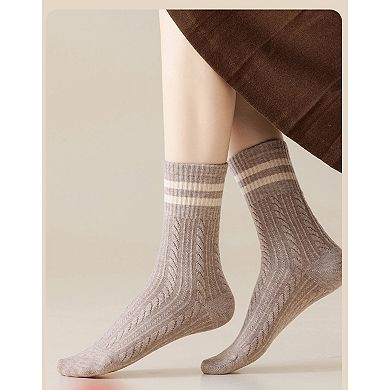 3 Pairs Women's Cable Knit Crew Socks with Ribbed Cuffs and Soft Warm Cotton Blend