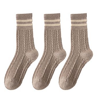 3 Pairs Women's Cable Knit Crew Socks with Ribbed Cuffs and Soft Warm Cotton Blend