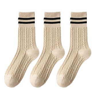 3 Pairs Women's Cable Knit Crew Socks with Ribbed Cuffs and Soft Warm Cotton Blend