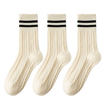 3 Pairs Women's Cable Knit Crew Socks with Ribbed Cuffs and Soft Warm Cotton Blend