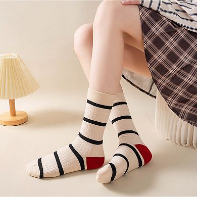 3 Pairs Women's Mid-Calf Striped Casual Cotton Socks