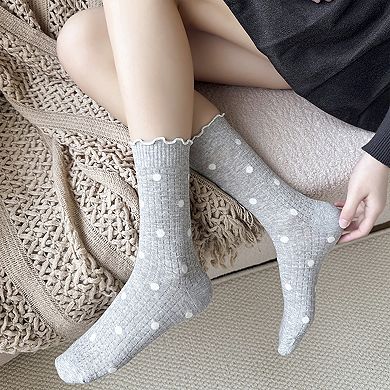 3 Pairs Women's Mid-Calf Polka Dot Socks with Lettuce Edge Cuff