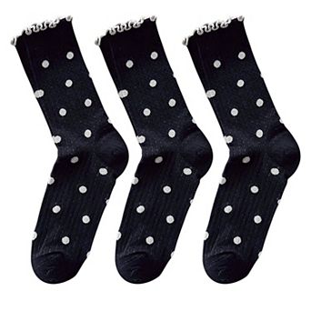 3 Pairs Women's Mid-Calf Polka Dot Socks with Lettuce Edge Cuff
