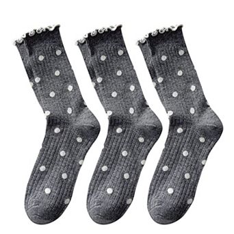 3 Pairs Women's Mid-Calf Polka Dot Socks with Lettuce Edge Cuff