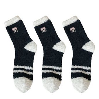 3 Pairs Cozy Fluffy Crew Socks with Cute Panda Embroidery and Fun Pattern Designs