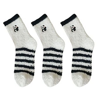 3 Pairs Cozy Fluffy Crew Socks with Cute Panda Embroidery and Fun Pattern Designs