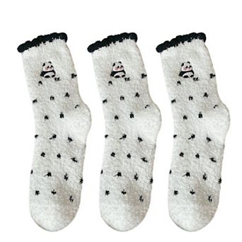3 Pairs Cozy Fluffy Crew Socks with Cute Panda Embroidery and Fun Pattern Designs