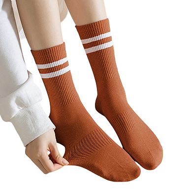 3-Pack Women's Cotton Crew Socks with Sporty Double Stripe Design in Assorted Colors