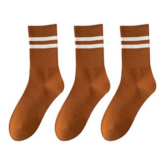 3-Pack Women's Cotton Crew Socks with Sporty Double Stripe Design in Assorted Colors