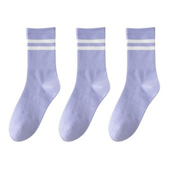 3-Pack Women's Cotton Crew Socks with Sporty Double Stripe Design in Assorted Colors