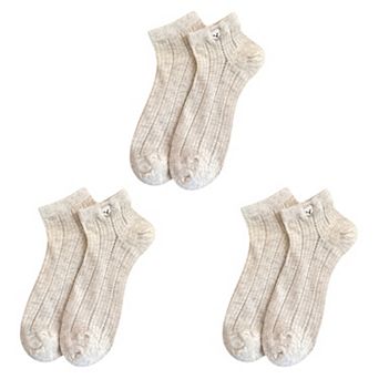 3-Pack Women's Ribbed Cotton Ankle Socks with Embroidered Bear and Moisture-Wicking Comfort
