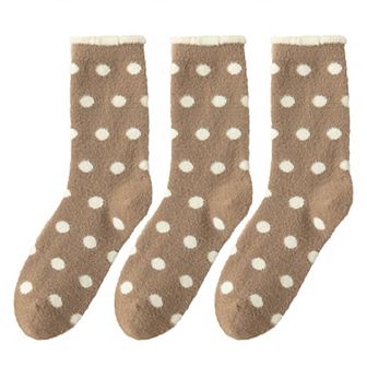 3 Pairs Women's Plush Crew Socks with Polka Dot Pattern and Thick Fleece Lining